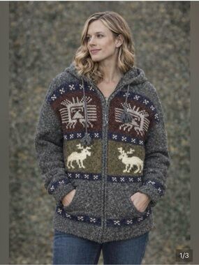 Cozy Zip-Up Hooded Wool Sweater Jacket - Gray with Pattern